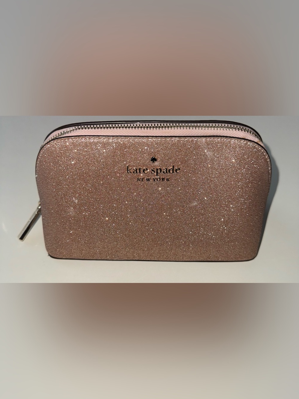 Kate Spade Rose Gold Glitter Cosmetic Pouch. Makeup Stain on back